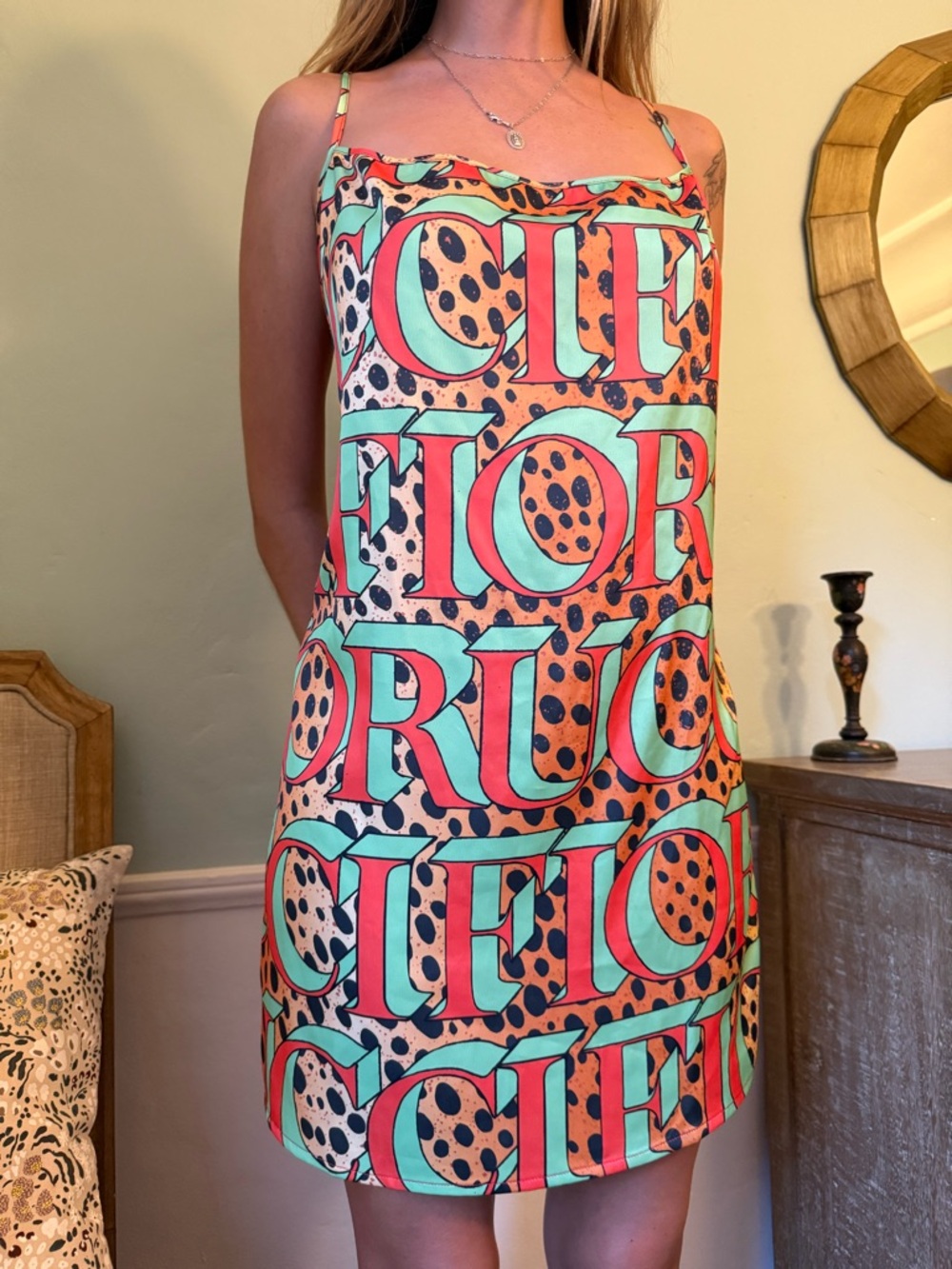 Fiorucci Coral & Mint Logo Slip Dress